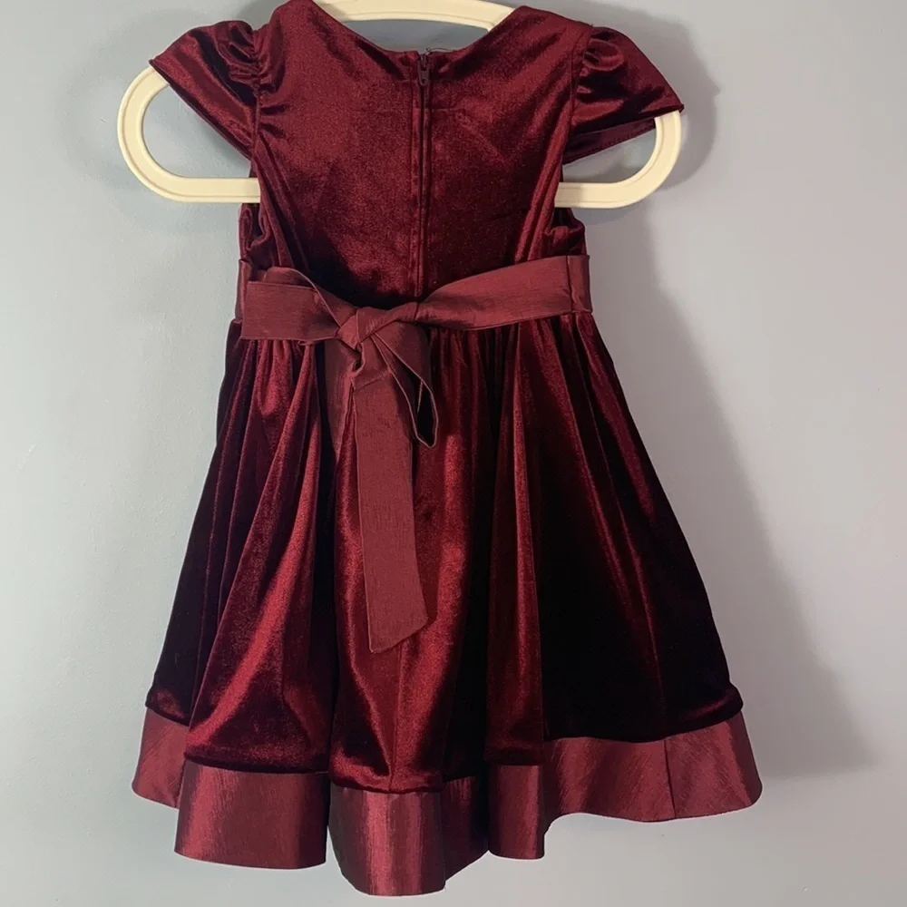 Rare editions size 24 months burgundy velvet dress rhinestone bow cap sleeve
